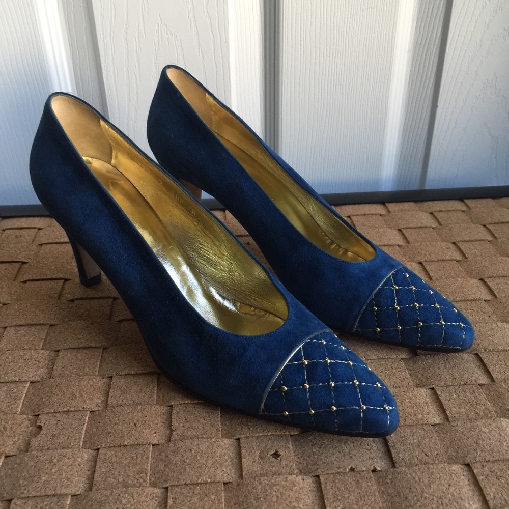 St John Blue Suede Gold Embellishments Hig…